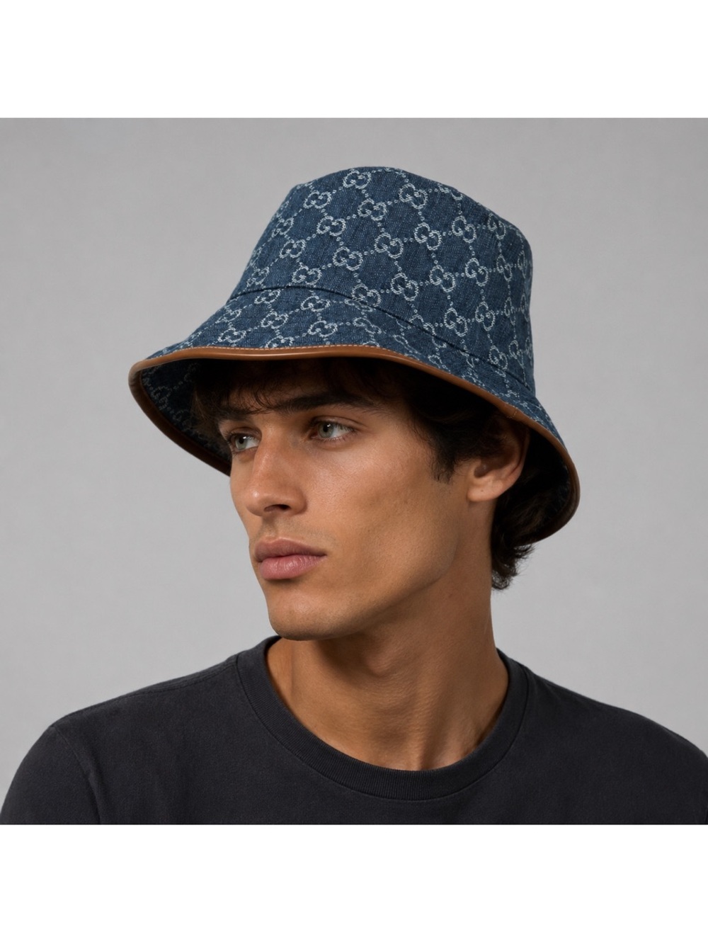 Gucci Blue GG Denim Bucket Hat with Brown Trim